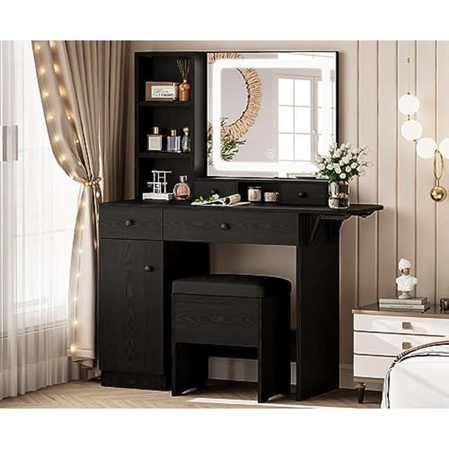  LIKIMIO Small Makeup Vanity Desk with Mirror and Lights, Vanity  Table Set with Storage Drawer & Chair & 3 Shelves, Bedroom, White : Home &  Kitchen