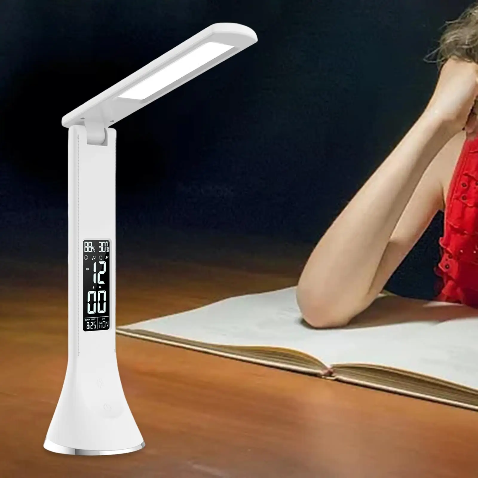 LED Desk Lamp Humidity Time Weeks Date Folded Alarm Clock Desktop Table Light Reading Light Room Home Bedroom Office Gift