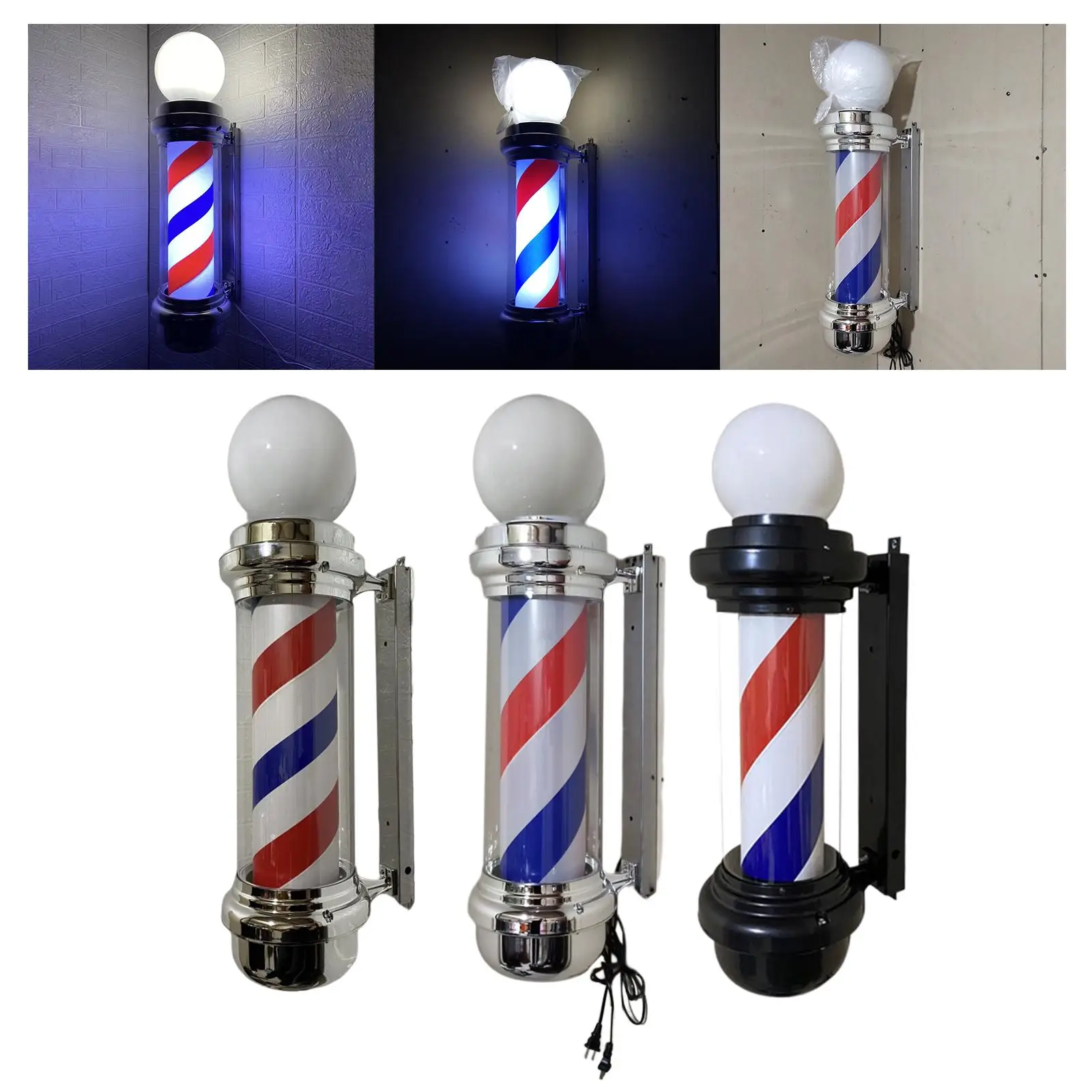 Barber Pole LED Light Rotating Salon Sign Light Wall Mount Rainproof Wall Lamp Stripes Party with Ball Hairdressing for Outdoor
