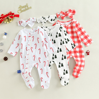 Three Baby Christmas Footed Rompers with Ruffled Butts and Headband 15