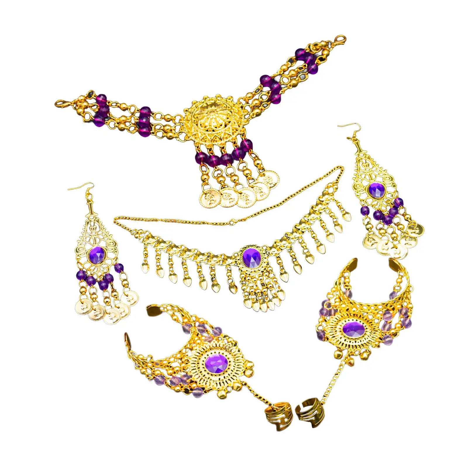 Belly Dance Jewelry Set Belly Dance Accessory Headwear Necklace Earrings Rings for Women Girl Cosplay Holidays