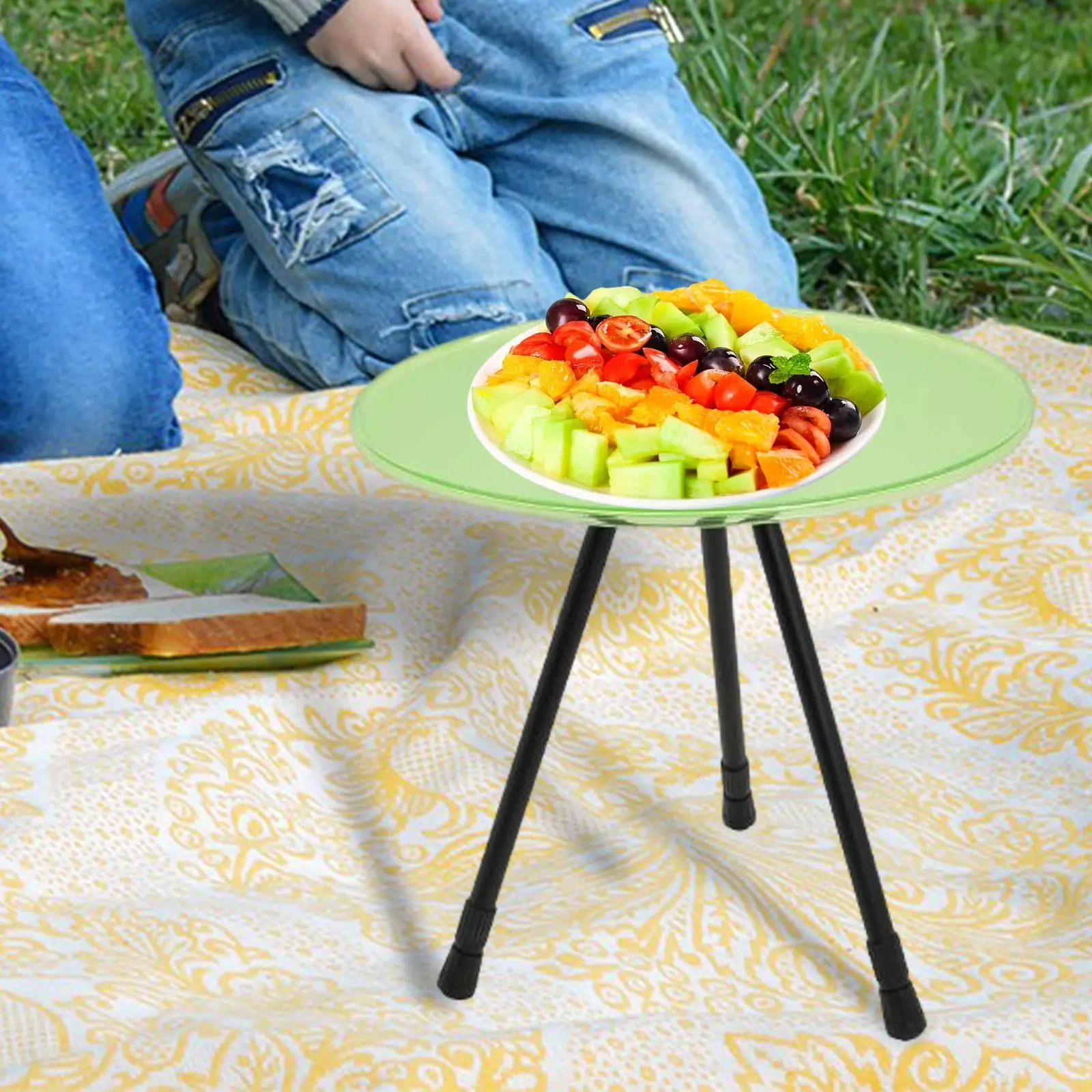 Three Legged Round Table Foldable Stable Outdoor Durable Adjustable Telescopic Lift Dining Desk for Garden Hiking Picnic Fishing