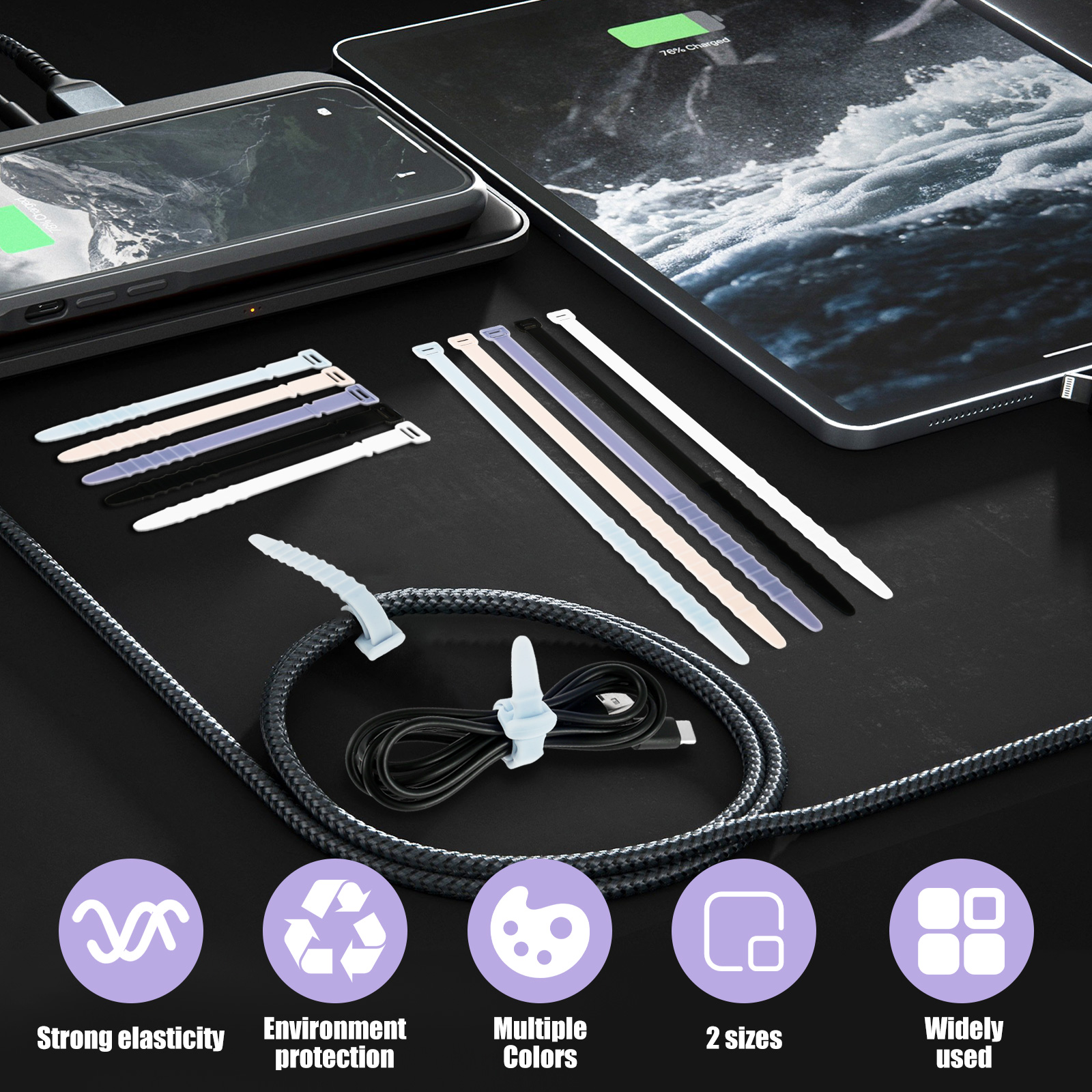 Description Picture 5 of item20Pcs Silicone Cable Ties Colorful Portable Cable Straps Multipurpose Elastic Cord Organizer Cable Management Organizer Reusable