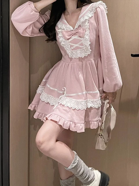 Pink Lolita Y2k Mini Dress Women Kawaill Lace Elegant Short Party Dress  Japanese Style Fashion Cute Dress Girls 2023 Autumn - AliExpress
