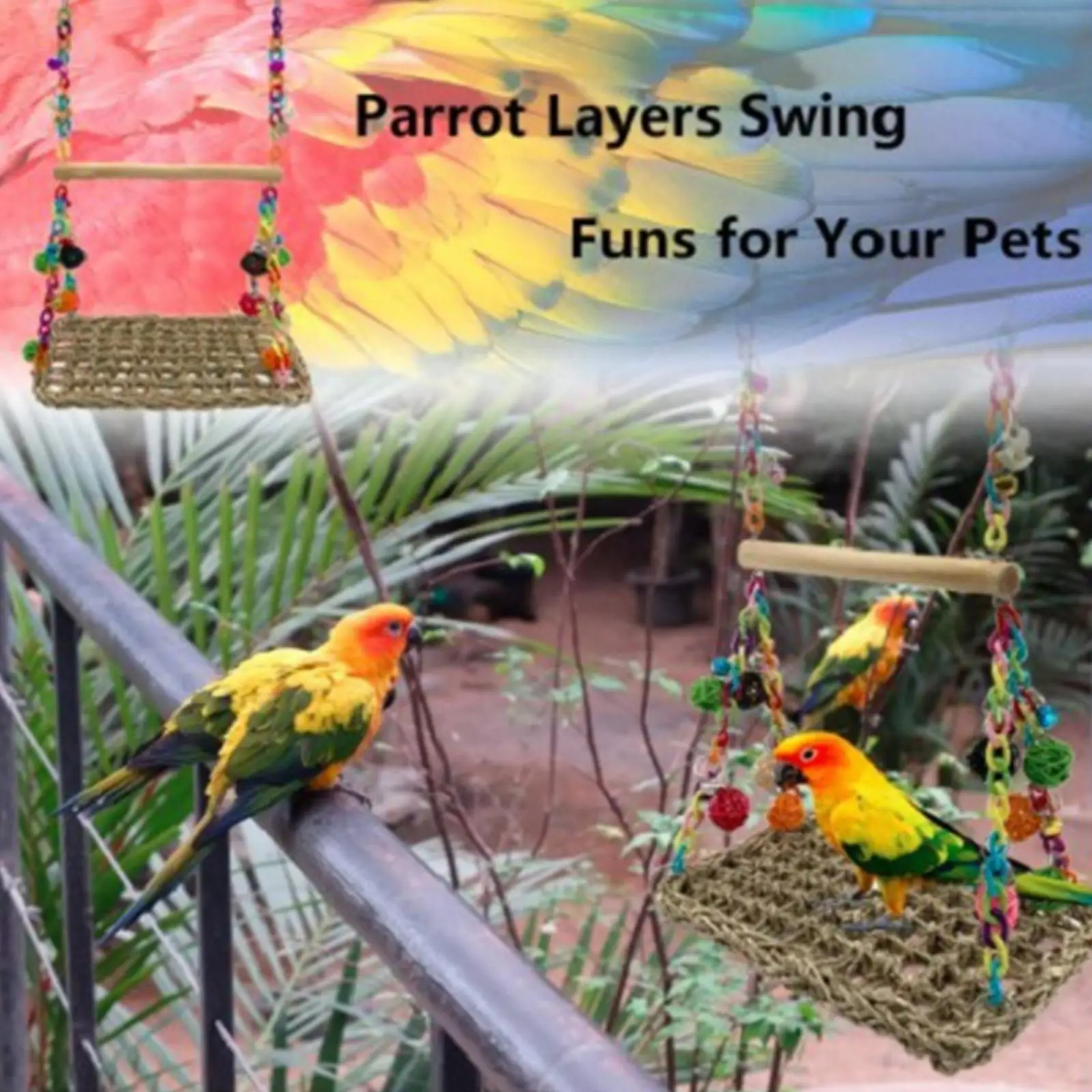 Parrot Swing Toys with Wood Perch Bird Parrot Swing Seagrass Bird Climbing Hammock Bird Perch Stand Chewing Toy
