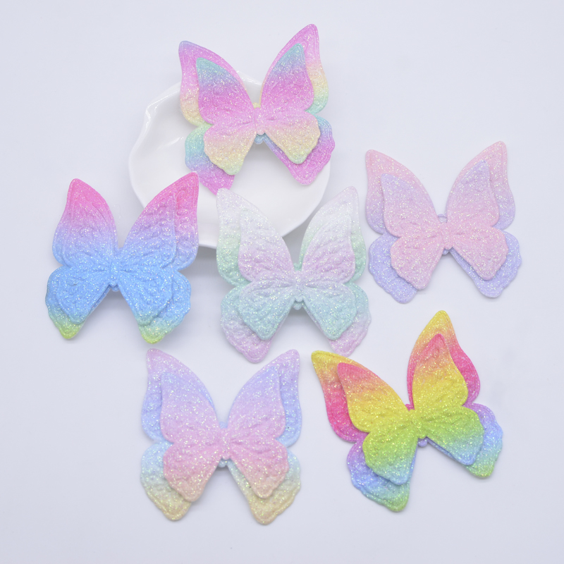 12pcs 58*65mm Glitzer Leder Doppels ch metter ling Applikationen für DIY Kopf bedeckung Haars pangen Bogen Dekor Kleidung Hut Schuhe Nähen Patches – Detail 1