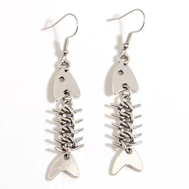 Sterling Silver Wire Dangle Fish Skeleton Earrings with Brass outlet Heads +