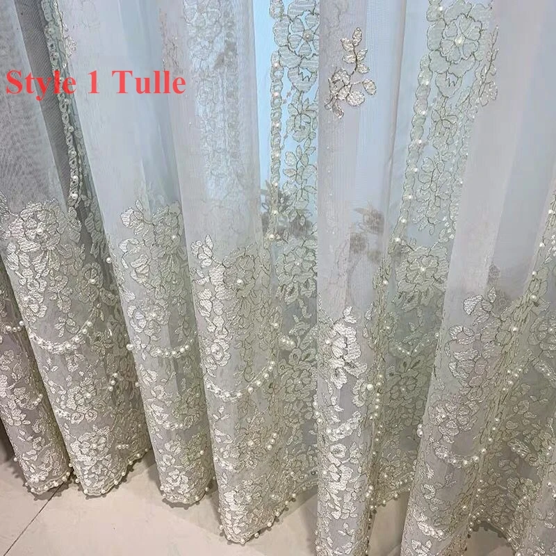 European Luxury Stripe Embroidered Pearl Tulle Curtains Lace Sheer Curtains For Living Room Bedroom Villa Home Decor