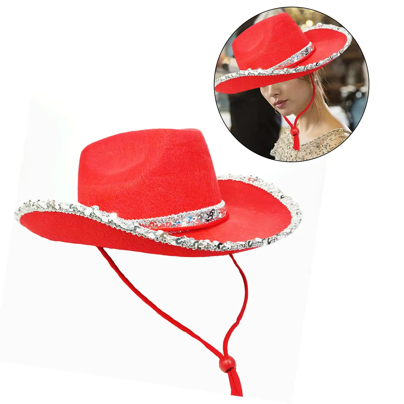 Western Cowboy Hat Women Men Jazz Hat with Wind Lanyard Party Hats Cowgirl Hat for Carnival Cosplay Costume Party Dress up