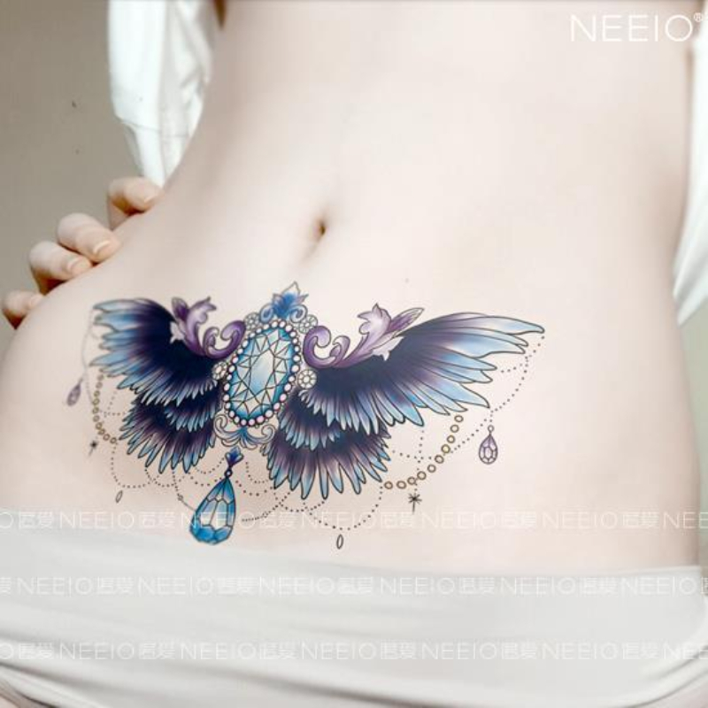 Blauer Edelstein Flügel Tattoo Edelstein Feder dauerhafte gefälschte Tattoos für Frau Männer Sexy temporäre Tattoos Bauch Arm Kunst Tattoo Aufkleber – Detail 3
