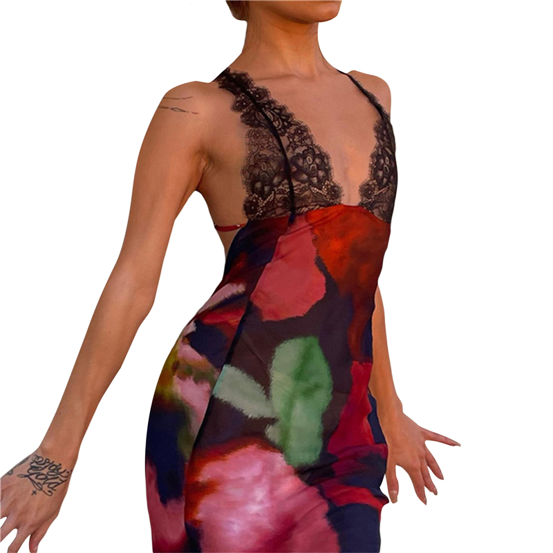 Lace Trim Dress y2k Aesthetic Women Leopard/Floral Print Sleeveless Long Dresses Sexy Backless Cocktail Party Dresses