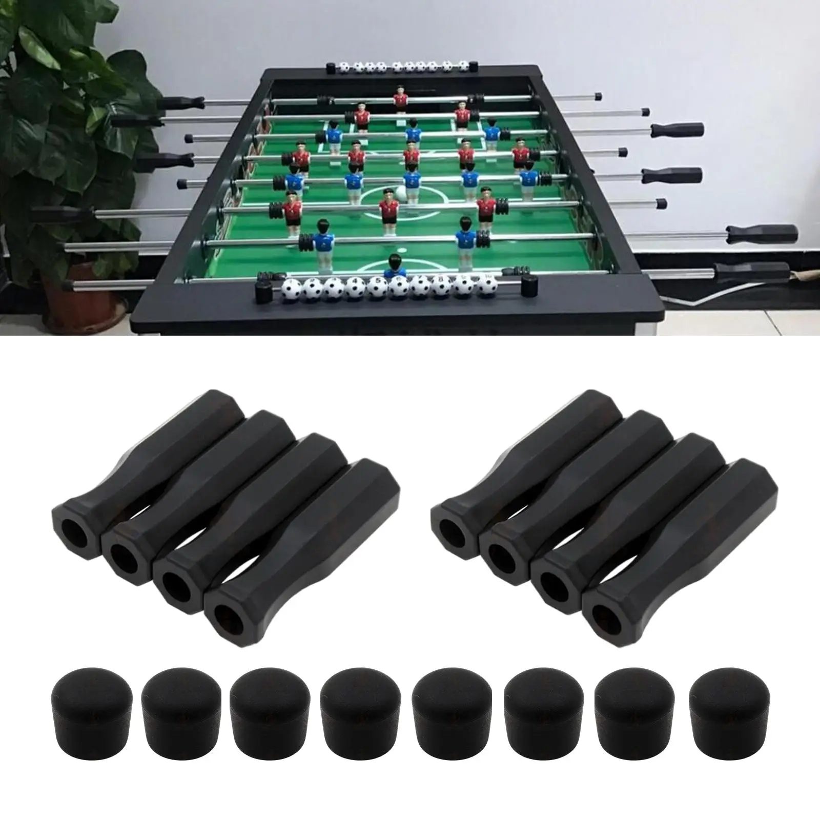 Pack of 16 Octagonal Handles and Safety End Caps Non-Slip Design Part , Black Foosball Rods Grips for Standard Foosball Tables