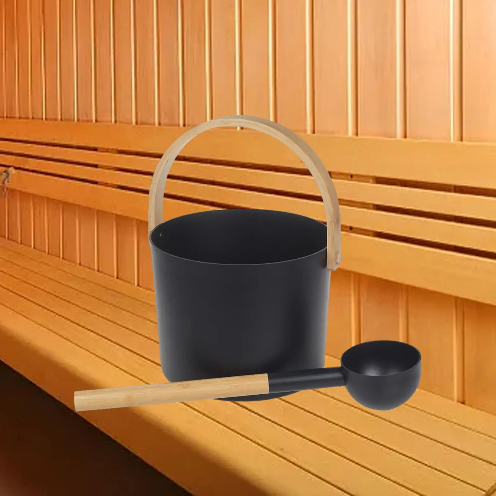 Aluminum Sauna Bucket with Ladle Durable Bamboo Handle 7 Liter SPA Sauna Barrel for Bathtub Household Sauna Room Bathroom Hotel
