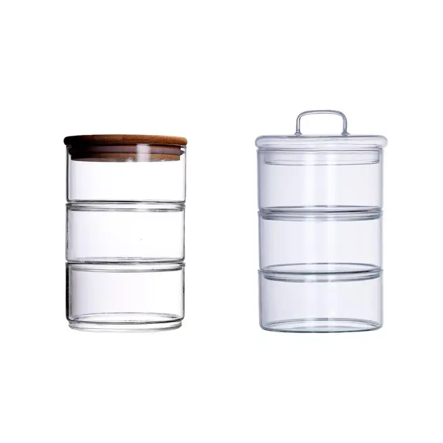 Small 3 Tier/Level Stackable Round Glass Storage Container/Canister/Organizer/Apothecary Jar Set with Lid - Nice for Snack/Candy/Cookie Display or Kit