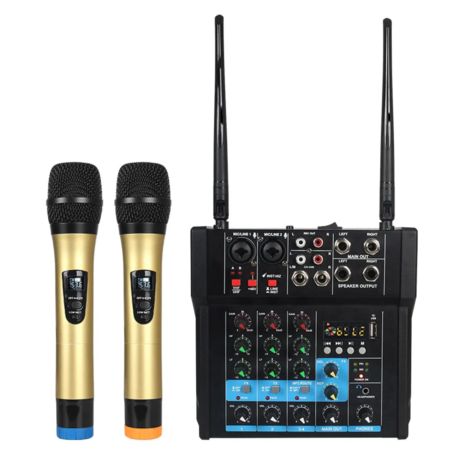 Audio Mixer with 2 Wireless Mic USB MP3 Bluetooth Sound Board Console System for PC Recording Live Streaming Karaoke