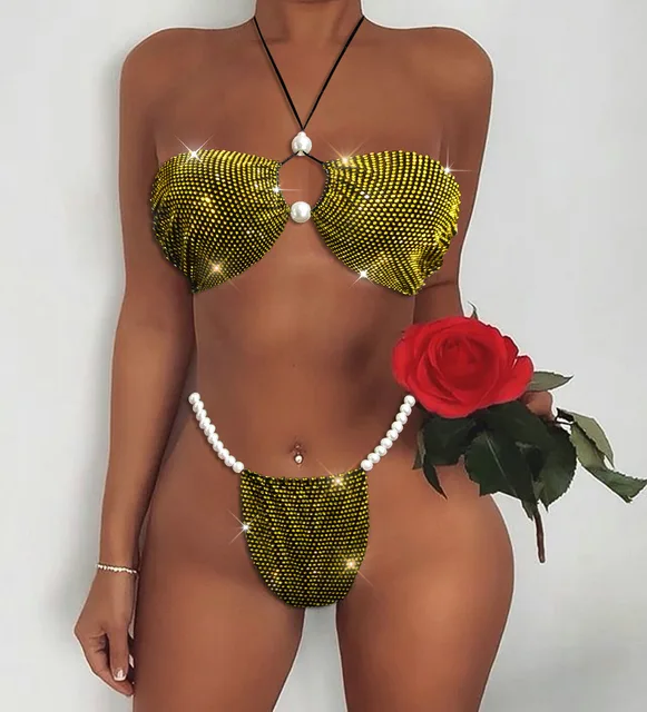 2023 Rhinestone Bikini Set Women Multi-color Bling Diamonds Swimsuit Summer  Beach Party Mesh Sexy Bra