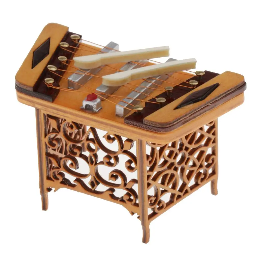 1/12 Dollhouse Simulation Miniature Wooden Dulcimer Yangqin Hammered String Musical Instrument 