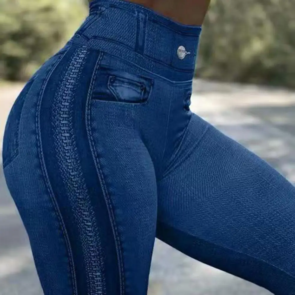 Skinny Imitation Jeans Womens Jeans Leggings Hip Lifting Zipper Print High Waist Elastic Pants for Sports Women Trousers