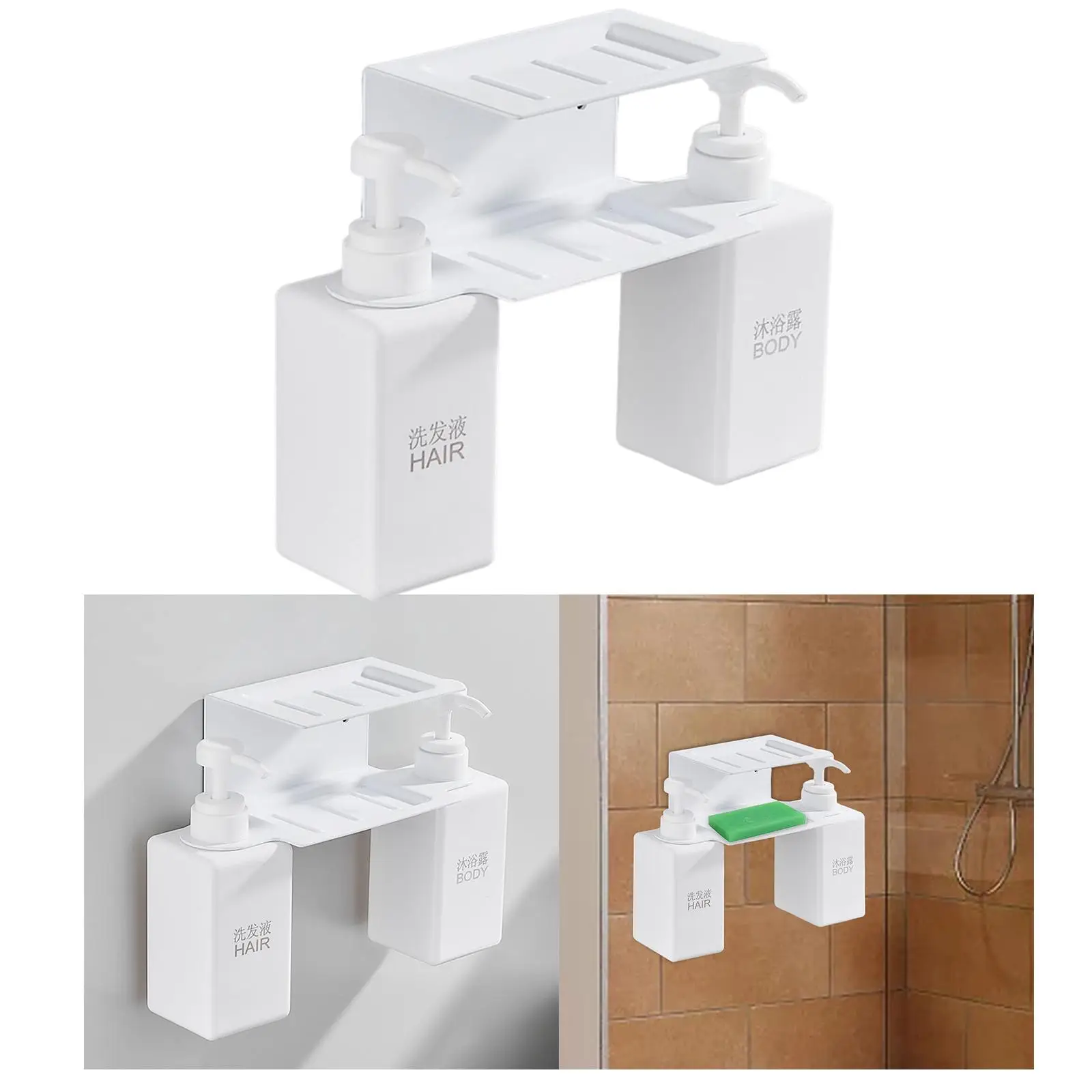 Double 450ml Liquid Soap Dispenser Pump Shampoo Standing Shelf Storage Holder for Home