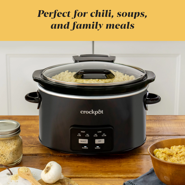 Crock-Pot Large 8 Quart Programmable Slow Cooker with Auto Warm Setting and  Cookbook, Black Stainless Steel & Electric Lunch Box, Portable Food Warmer