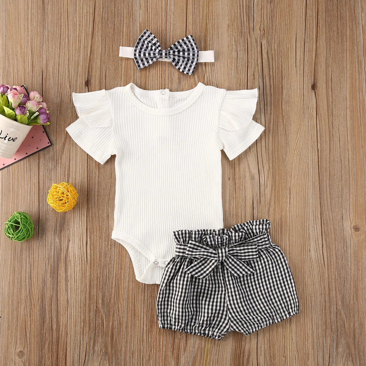 baby knitted clothing set Summer Solid 3Pcs Infant Girl Outfits Short Sleeve Ruffle Romper Plaid Shorts Bow Headband Baby Clothing Sets baby clothing set long sleeve	