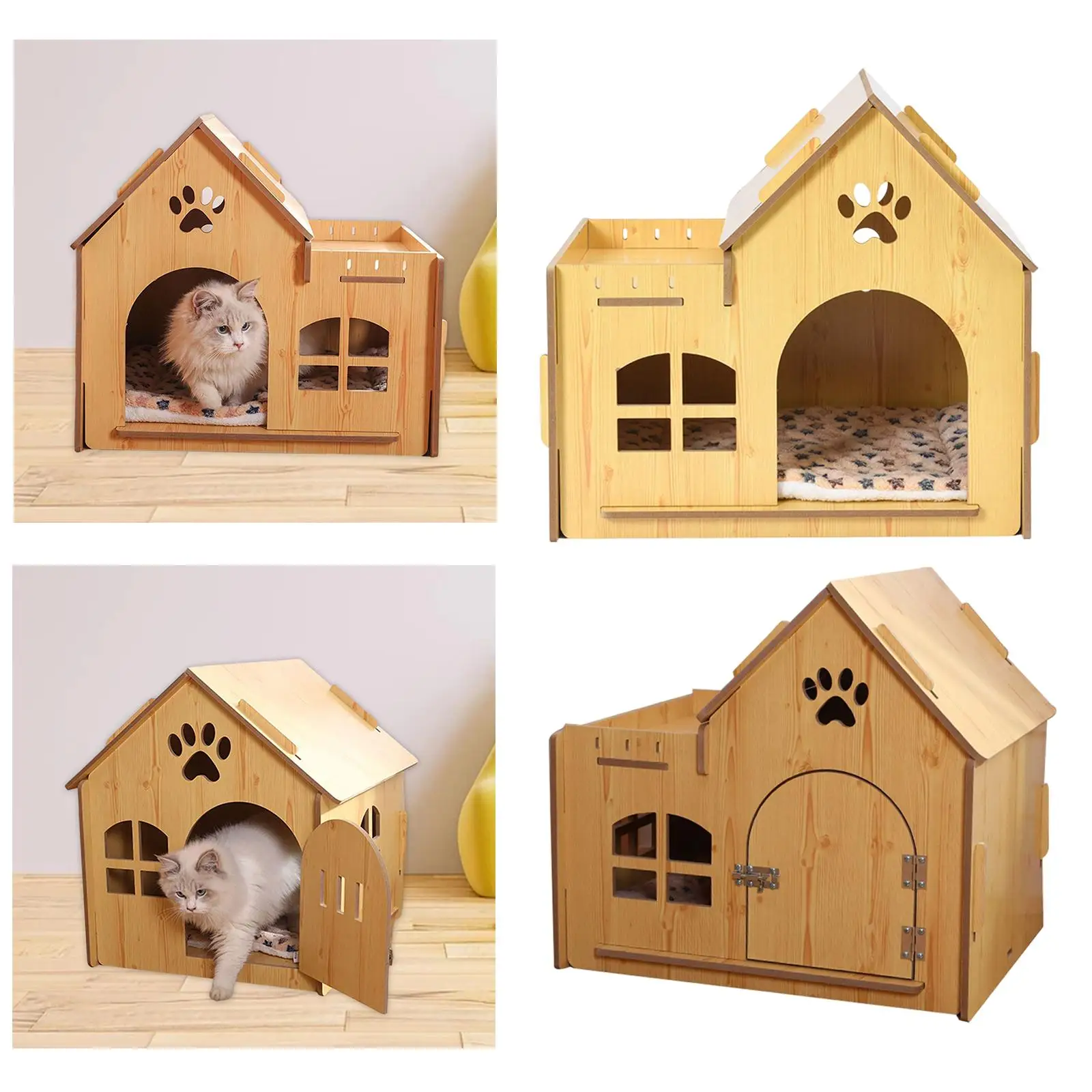 Wooden Pet Kitty House Cat Shelter with Windows Outdoor and Indoor Windproof