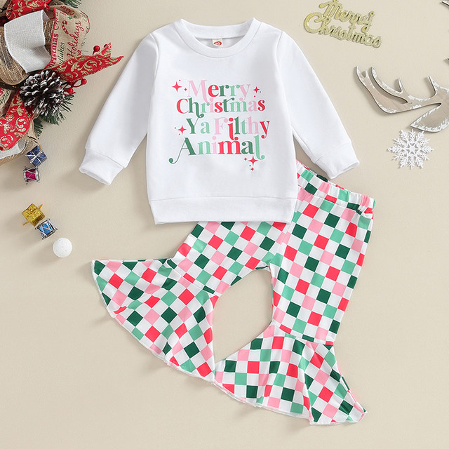 2 Pcs Christmas Tops + offers Flare Pants Set for Baby Girl