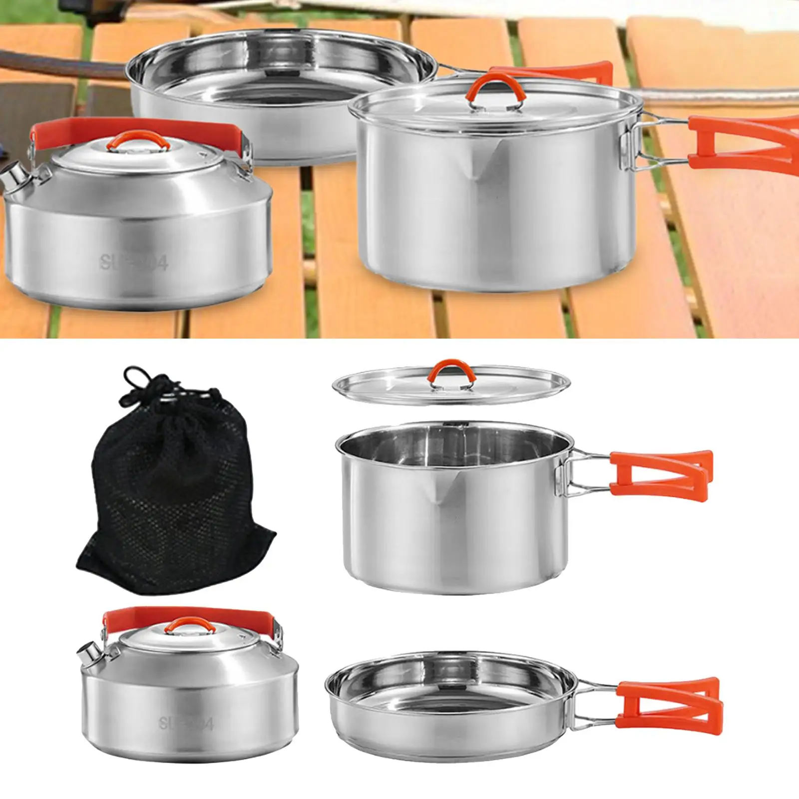 Camping Cookware Set Included Mesh Carry Bag Stainless Steel Camping Cooking Set