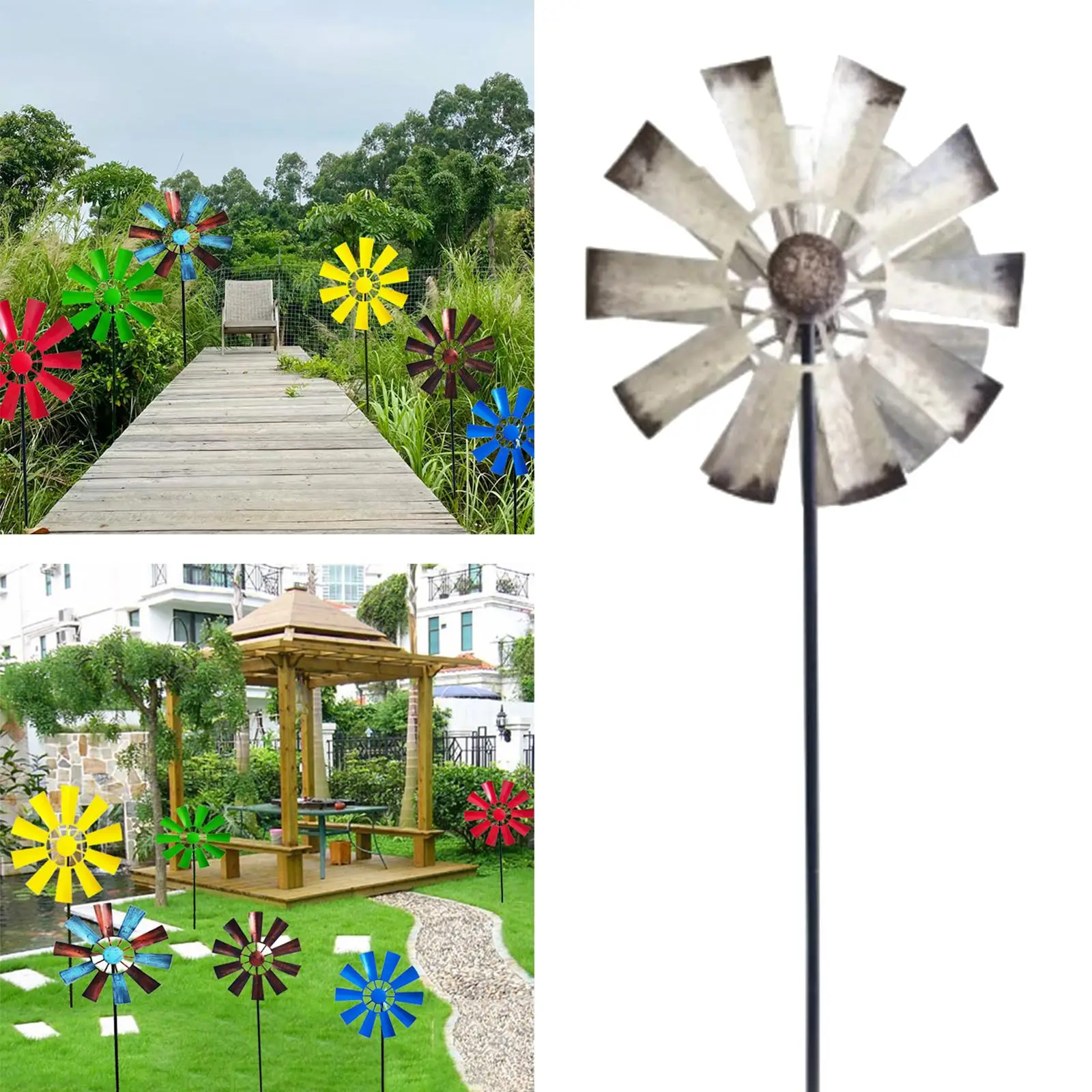 28in Windmill Metal Decorative Rustic Ground Plug Rotating Weather Vane Ornament for Garden Lawn Terrace Backyard Courtyard