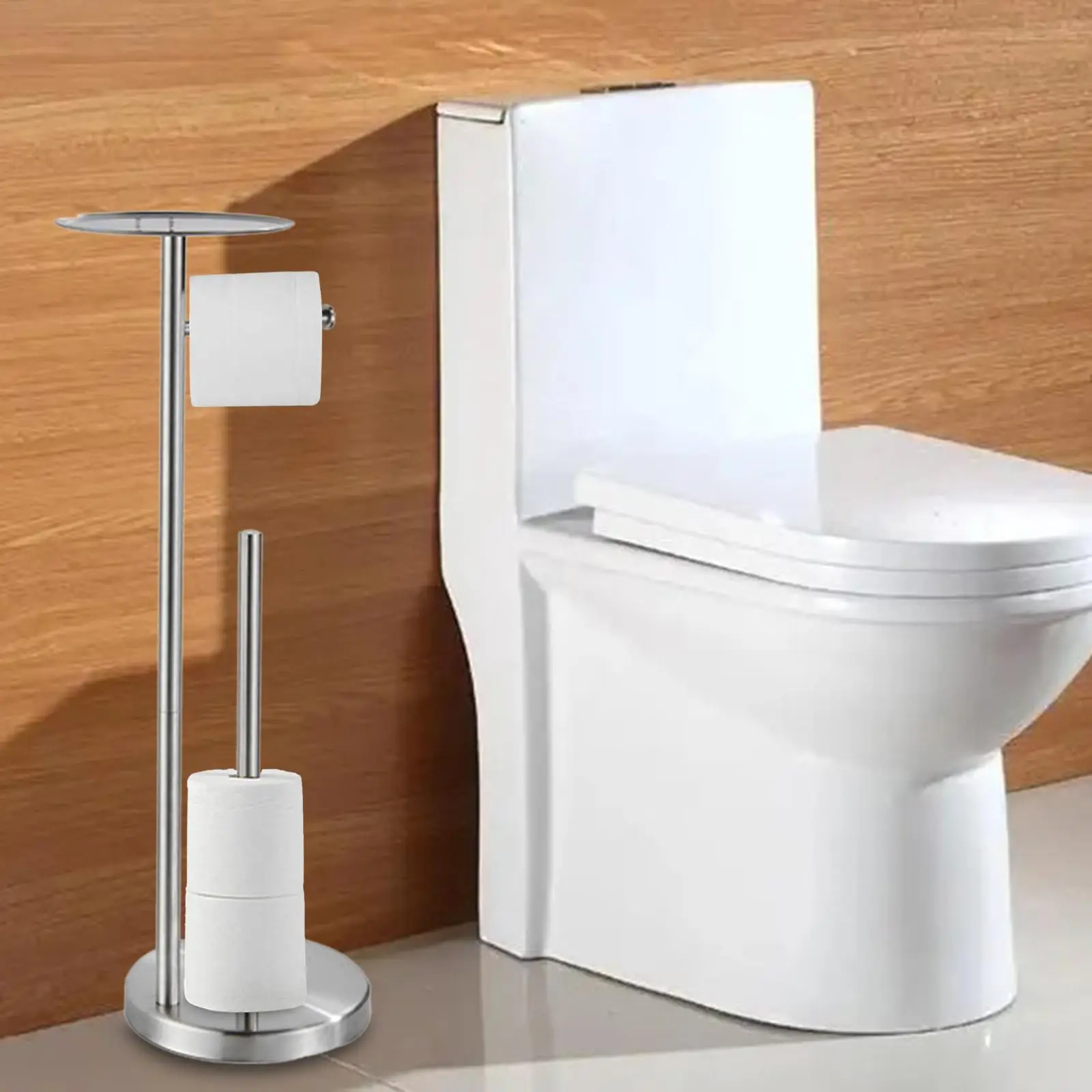Free Standing Toilet Paper Tissue Dispenser with Top Storage Shelf Organization Floor Paper Towel Holder for Bathroom Farmhouse