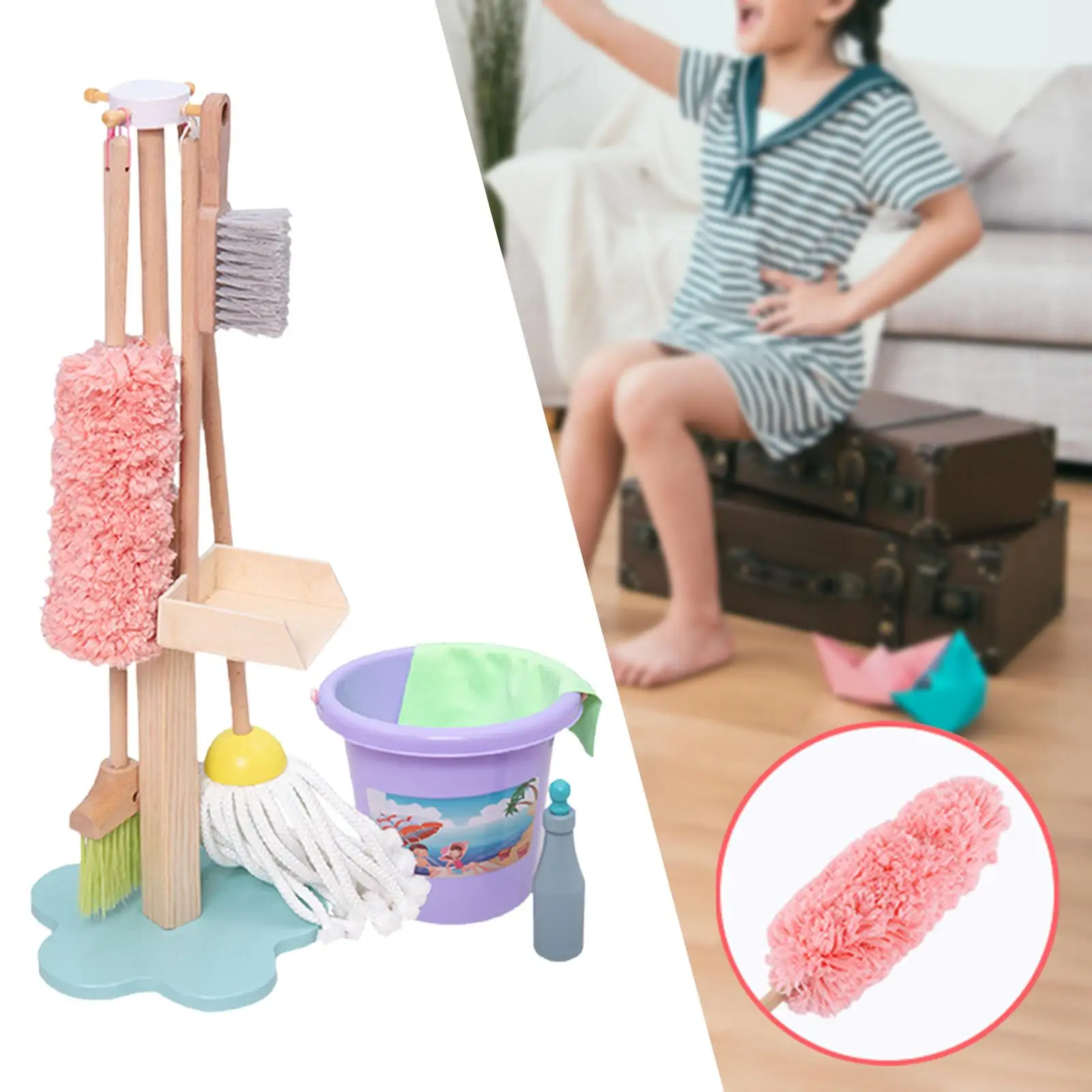 9 Pieces Simulation Broom and Cleaning Set Pretend for 3~8 Birthday Gift