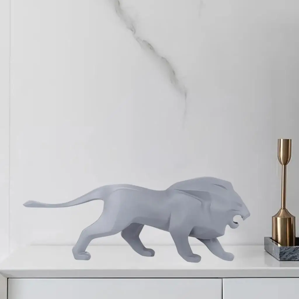 Lion Statue Animal Figurine Abstract Geometric Style Resin Lion Sculpture Home Office Desktop Decoration Gift