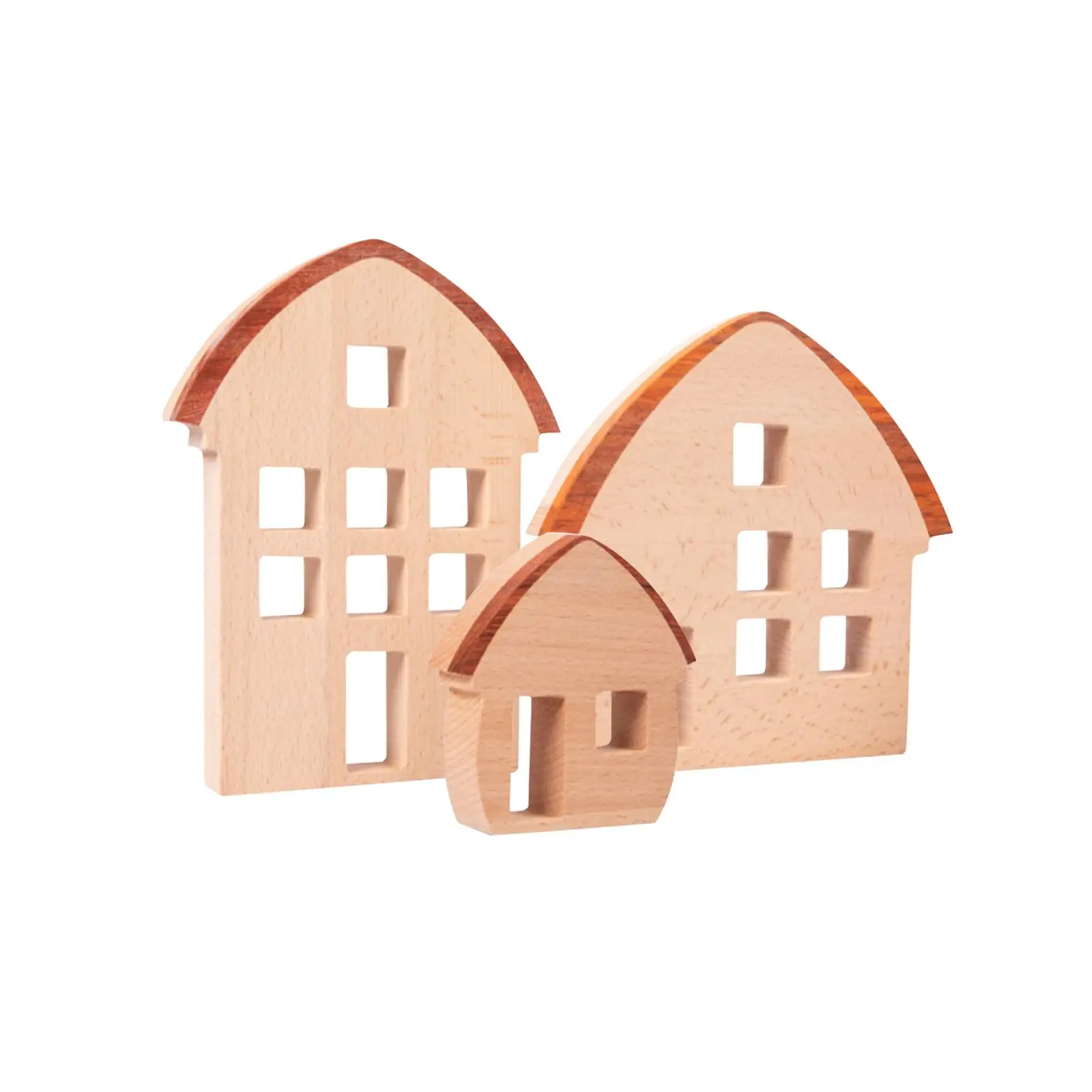 3 Pieces Wood House Blocks Sensory Toy Ornament for Kids Preschool Bookcase