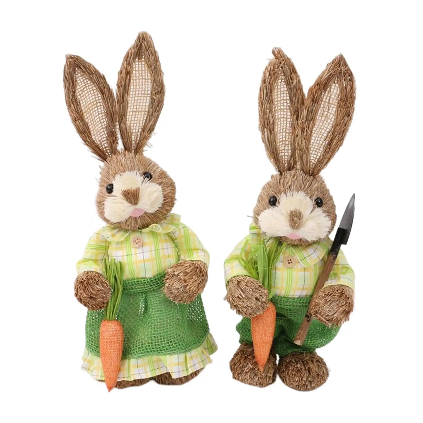 2Pcs Figurines Animal Crafts Art Straw Easter Decor Gardener Rabbits Statues for Indoor Floor Holiday Outdoor Home