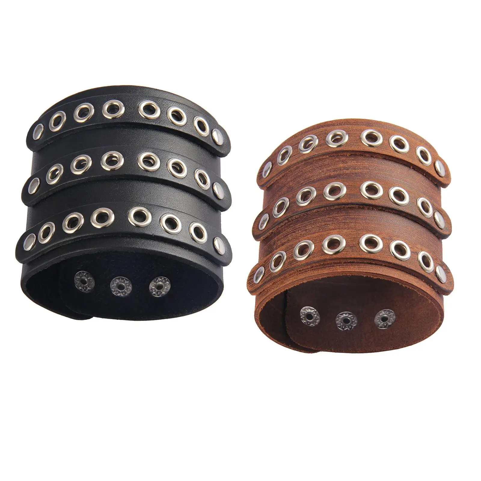 PU Leather Bracelet Three Rows of Holes Vintage Wide for Daily Party Men