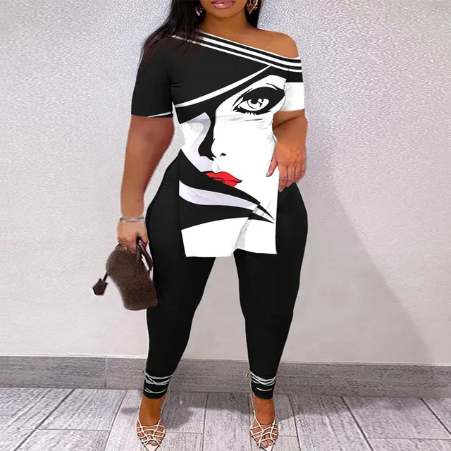 Summer Fashion Printed Two Piece Set Women Causa Off Shoulder Short Sleeve  Split T-Shirt Leggings Slim 2 Piece Suit Women - AliExpress