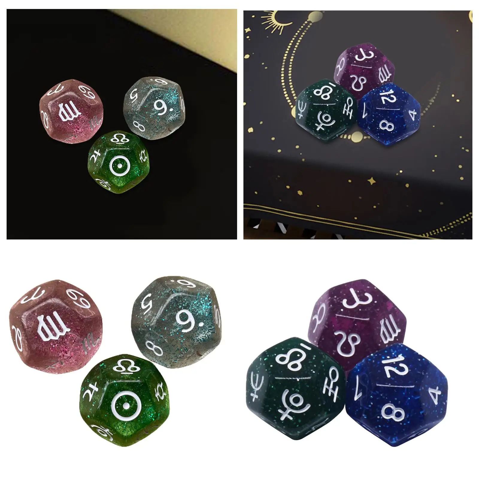 3Pcs Astrological Dice, 12 Sided Polyhedral Dice, Astrology Card Constellation Dice Set