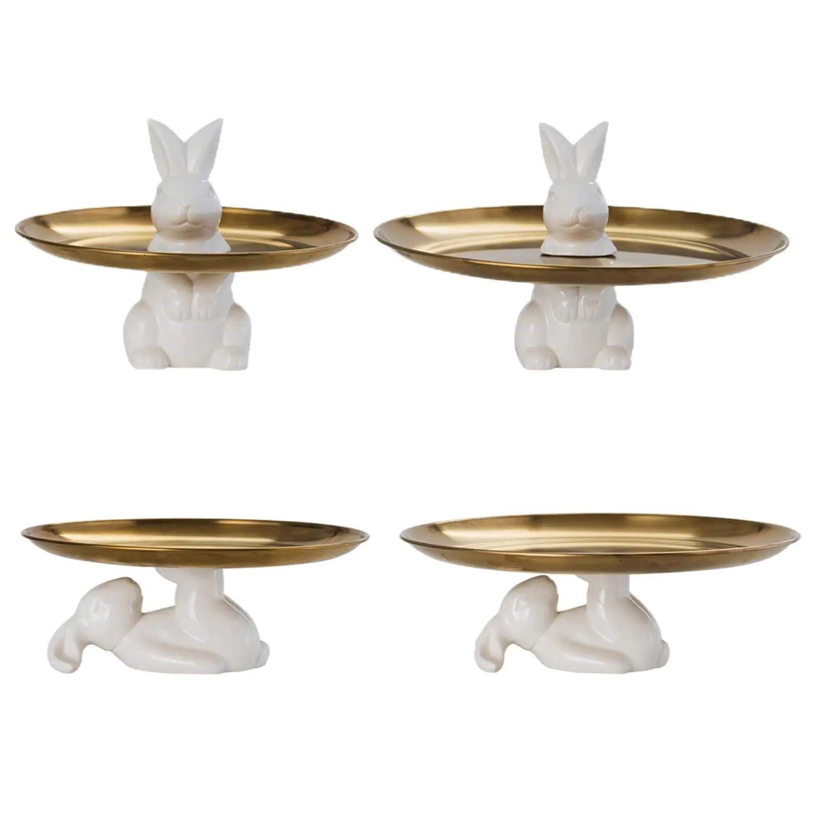 Rabbit Tray Metal Round Golden Modern Decorative Bunny Animal Holder Stand Plate for Food Server Cupcake Jewelry Cookies Home