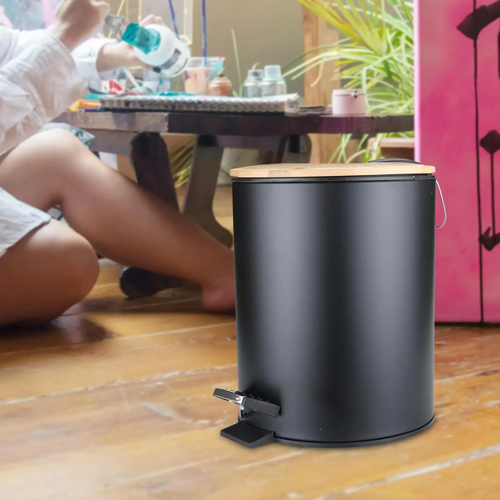 Wooden Flip Step Trash Can Garbage Rubbish Bin Waste Container Organizer Bathroom Kitchen Living Room Office Decoration