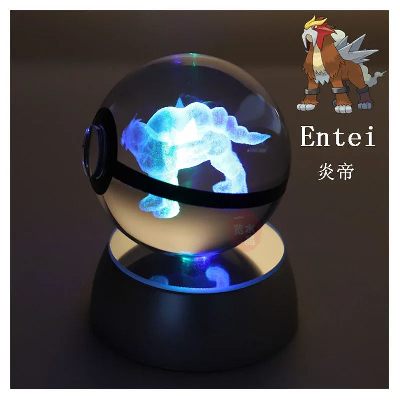 Anime Pokemon Entei 3D Crystal Ball Pokeball Anime Figures Engraving Crystal Model with LED Light Base Kids Toy ANIME GIFT
