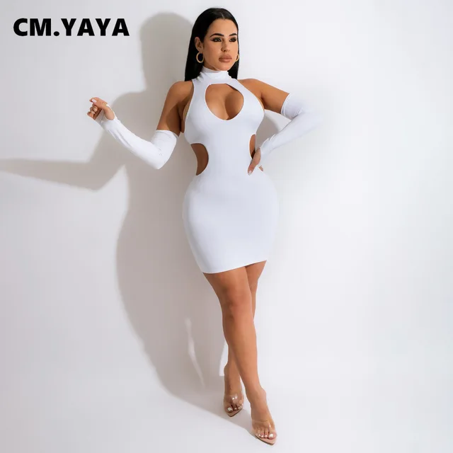 Cm.yaya Women Cut Out Hole With Long Sleeve Turtleneck Bodycon Midi Dress  2022 Summer Party Club Sexy White Black Dresses - Dresses - AliExpress