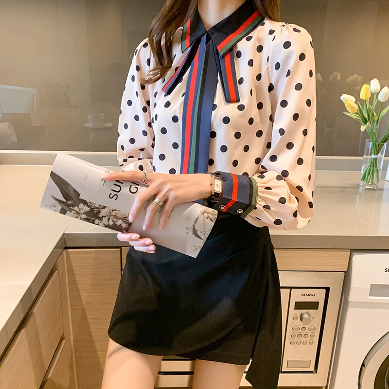 apontado lapela camisa feminina blusa manga longa verão coreano moda nova dot print poplin casual solto roupas houthion