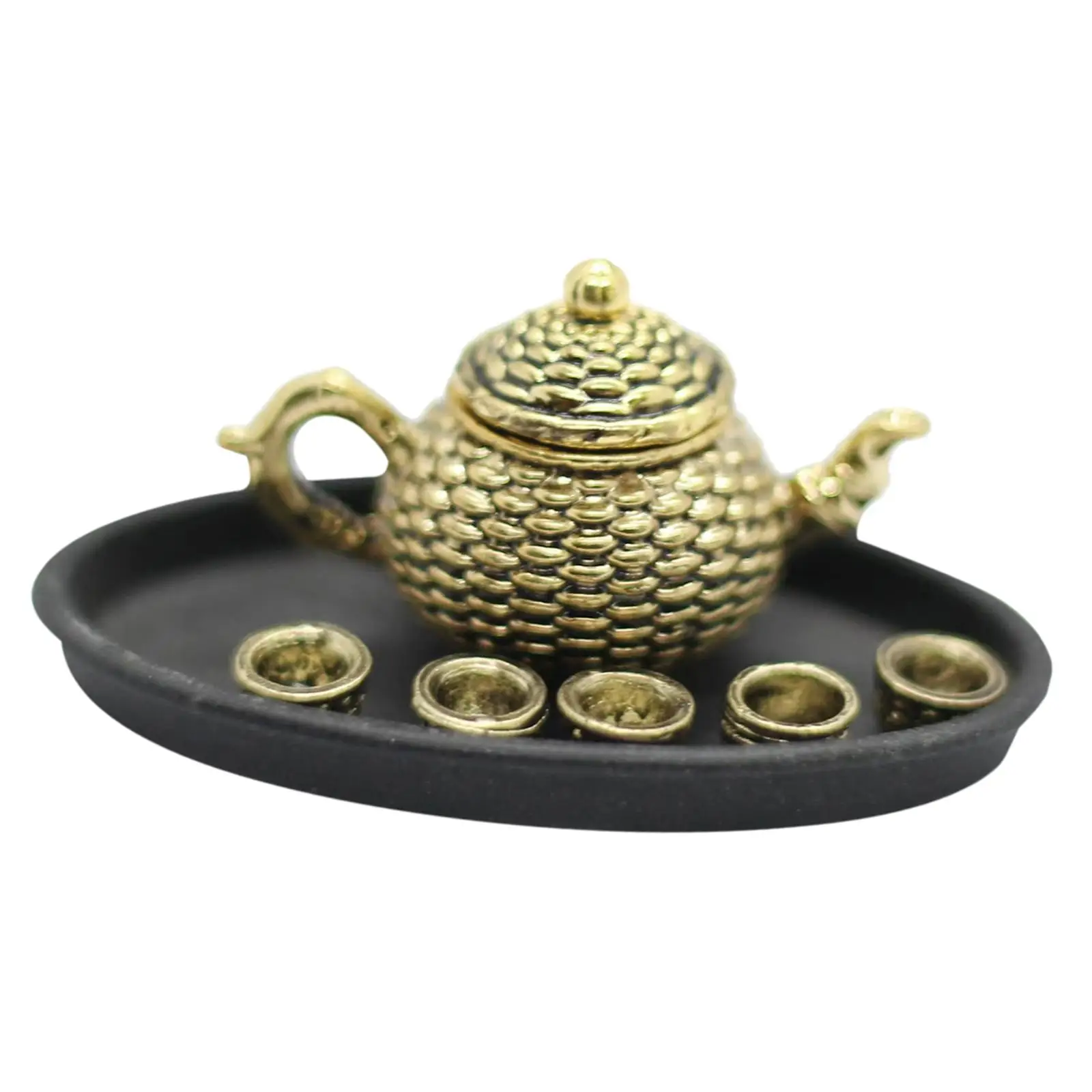 1/12 Dollhouse Tea cup Miniature Kitchen Accessories Tiny Teapot Platter Dishes Golden for House Decoration Girls Boys Kids