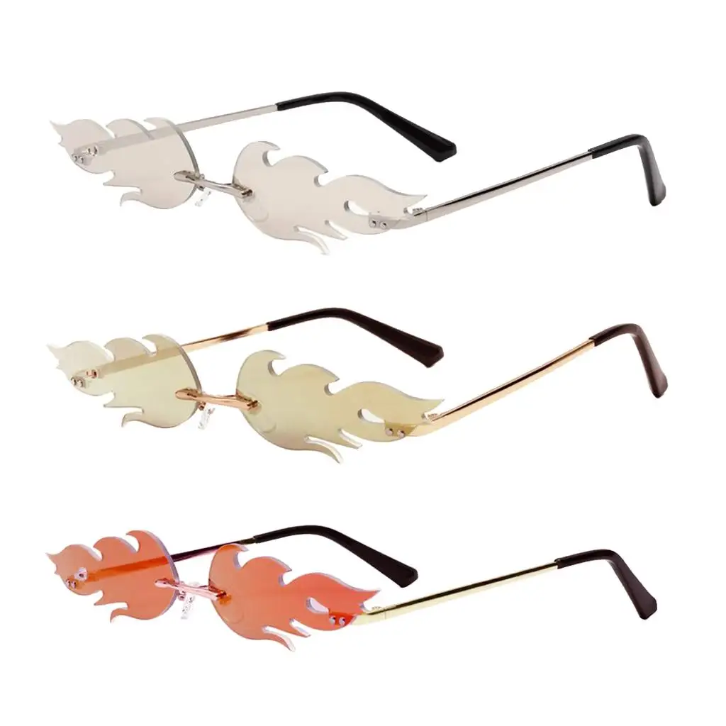 Men Flame Sunglasses Cool Punk Rimless Wave Shades Rave Party Gift
