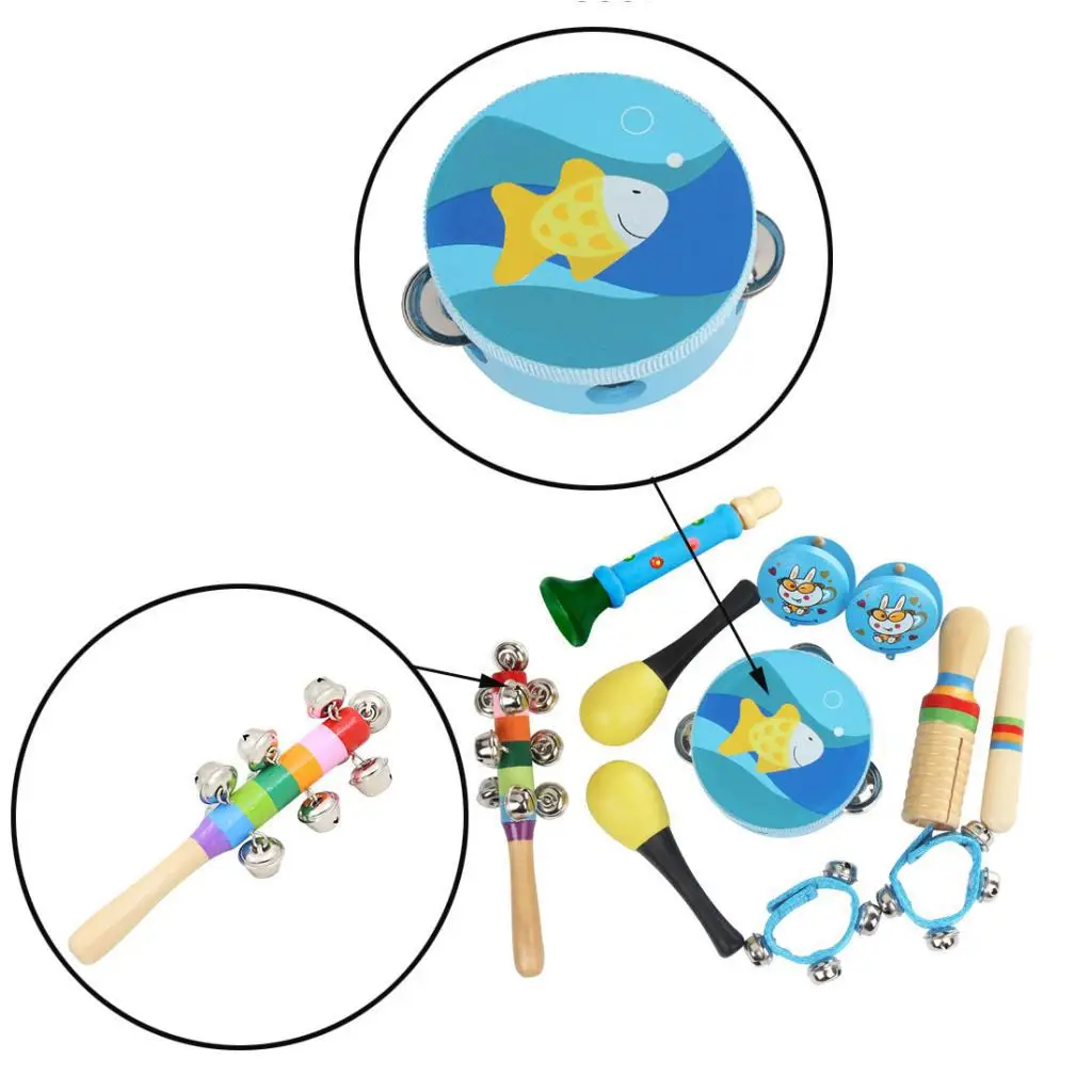 11pcs Musical Percussion Instrument Toy Set Tambourine+Maracas+Waist Bells+Finger Castanets for Kids Early Learning Education