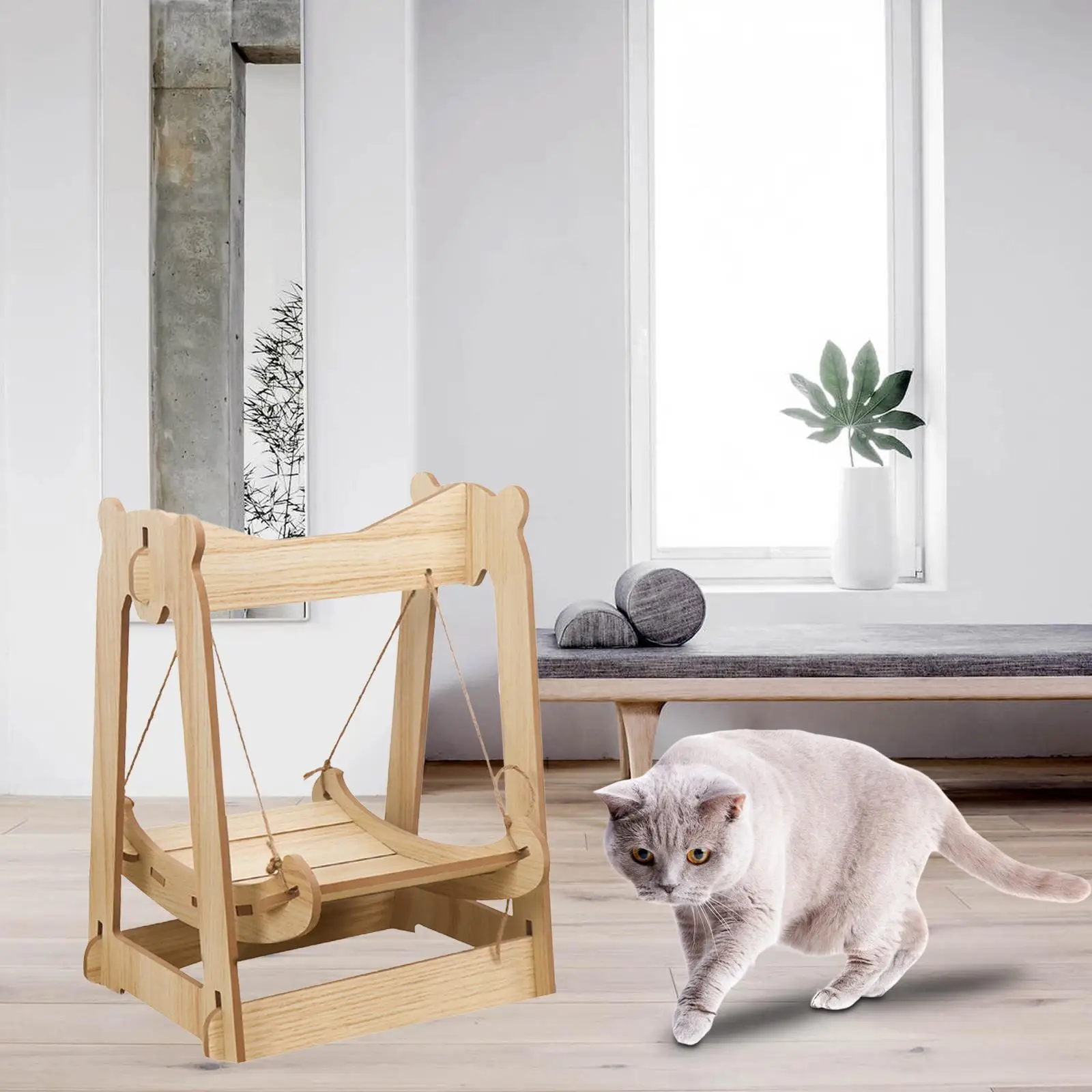 Wooden Cat Hammock Bed Scratching Rope Pet Swing Chair for Kitten, Wood Construction