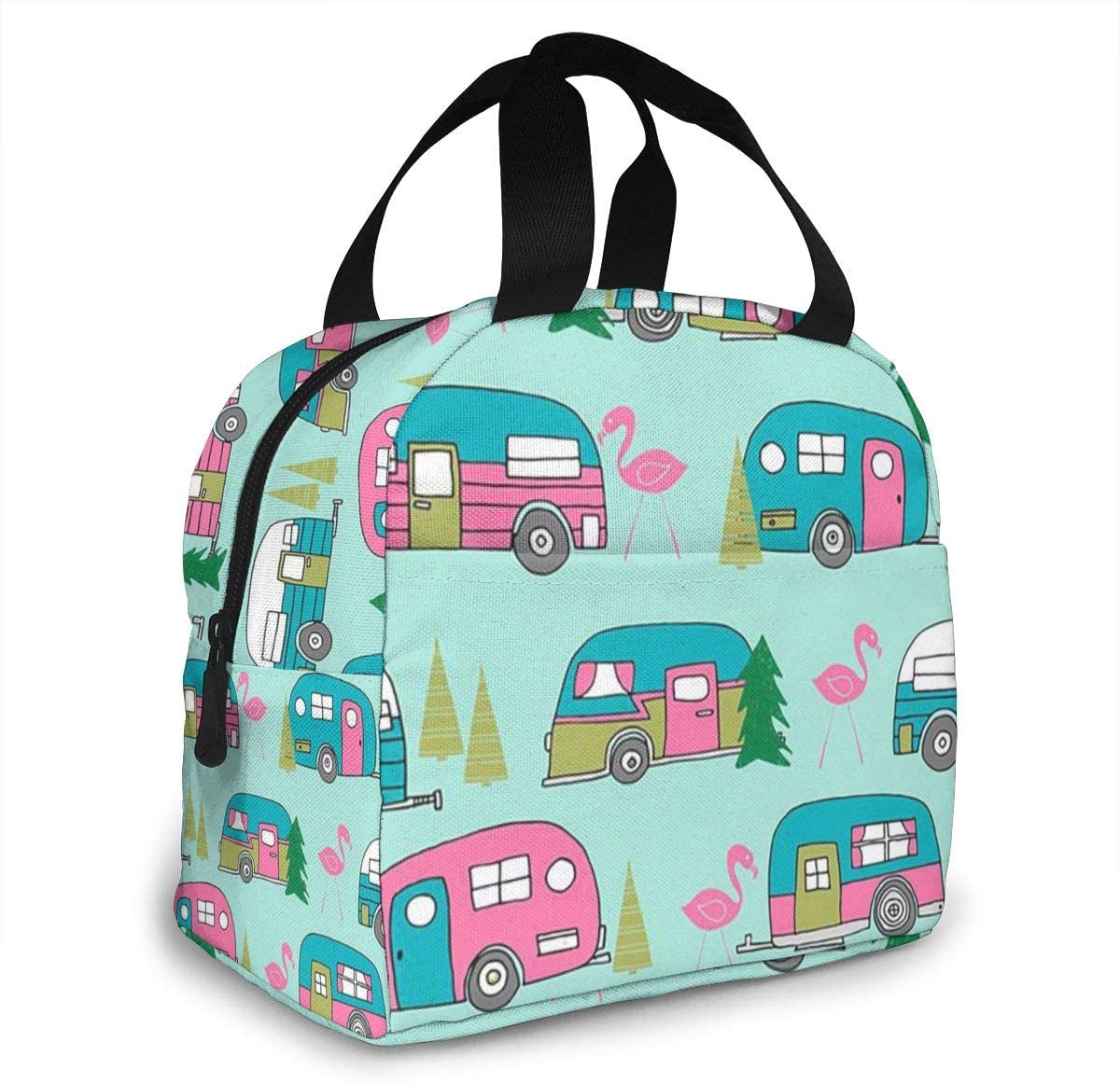 feliz campista flamingos almoço saco isolado reutilizável cooler tote box com fecho de zíper de bolso frontal para trabalho do homem da mulher