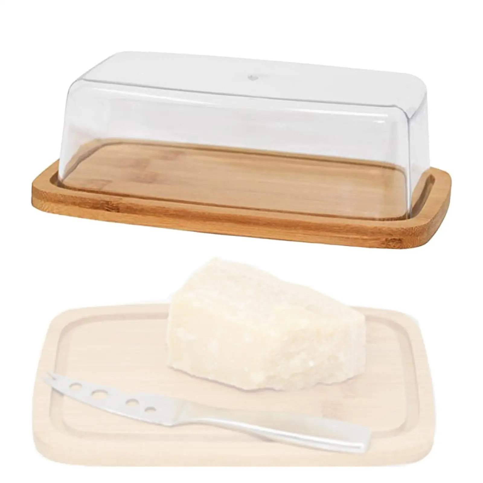 Square Bamboo Butter Dish Creative Rectangular Butter Box with Glass Lid for Home 19.5x13x6.5CM