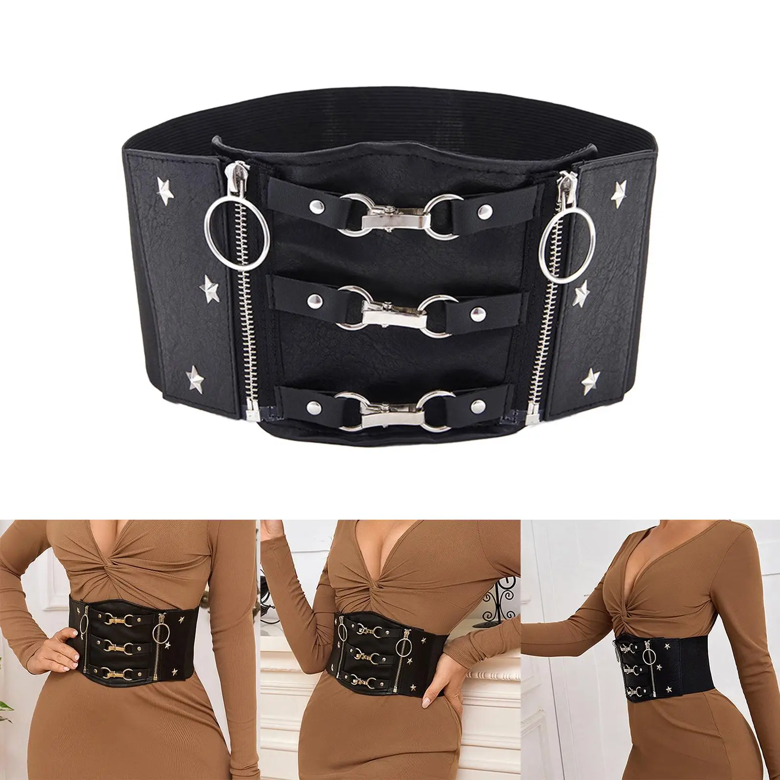 Womens Elastic Wide Waist Belt with Zipper Buckle Fashion Waistband Corset Belts Cinch Belt for Club Dresses Pants Party Cosplay