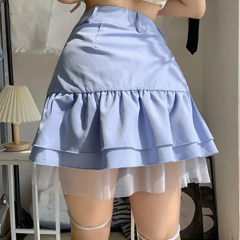 maxi skirt Sweet Cute Mesh Pleated Skirt Patchwork Bandage Lap Skirt High Waist Slim Contrast Color Blue Micro Mini Skirts Lady Summer lululemon skirt